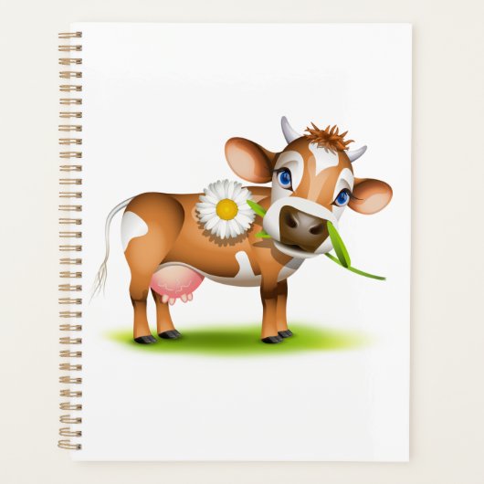 花と草が咲き乱れたかわいいマンガ乳牛 プランナー手帳 (正面)
