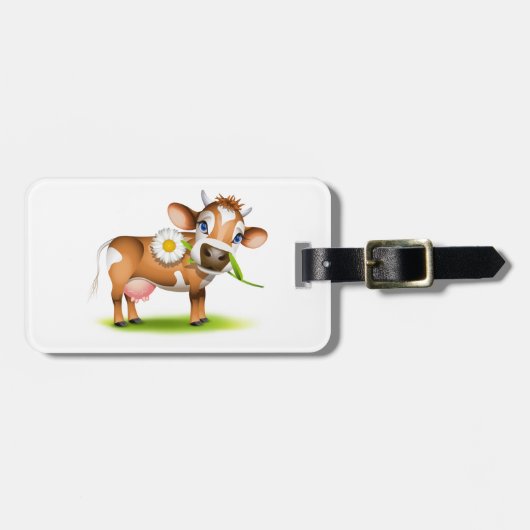 花と草が咲き乱れたかわいいマンガ乳牛 ラゲッジタグ (正面横)