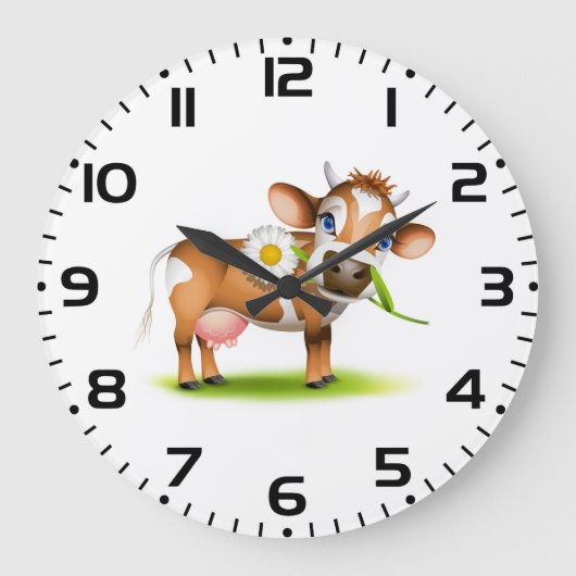 花と草が咲き乱れたかわいいマンガ乳牛 ラージ壁時計 (正面)