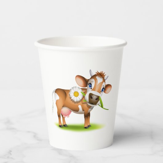 花と草が咲き乱れたかわいいマンガ乳牛 紙コップ (正面)