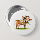 花と草が咲き乱れたかわいいマンガ乳牛 缶バッジ (正面&裏面)