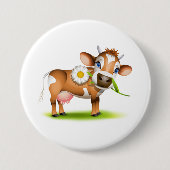 花と草が咲き乱れたかわいいマンガ乳牛 缶バッジ (正面)