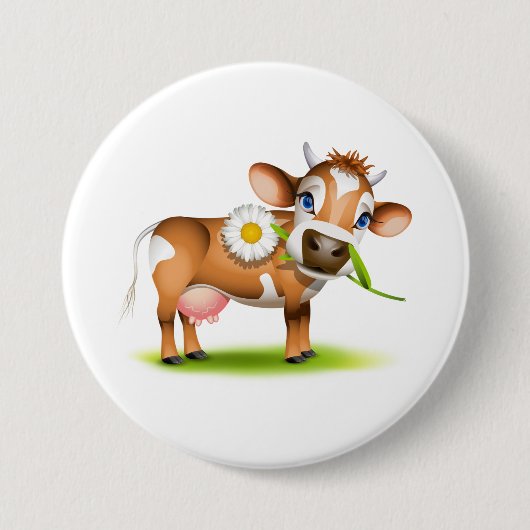 花と草が咲き乱れたかわいいマンガ乳牛 缶バッジ (正面)