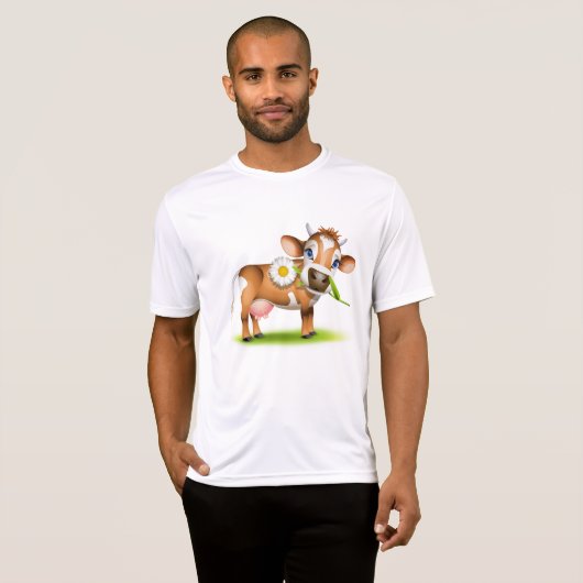 花と草が咲き乱れたかわいいマンガ乳牛 Tシャツ (正面フル)