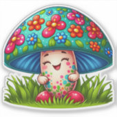 花と草に囲まれたキノコのキャラクター シール (正面)