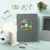 花と草に囲まれたキノコのキャラクター シール (iPadカバー)