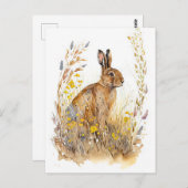 花と草の間の野カラフルウサギ ポストカード (正面/裏面)