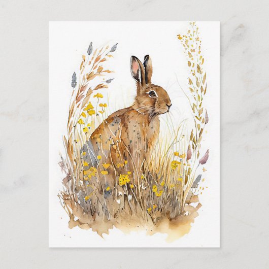 花と草の間の野カラフルウサギ ポストカード (正面)