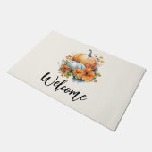 花と葉が咲く秋のカボチャへようこそ ドアマット (アングル)