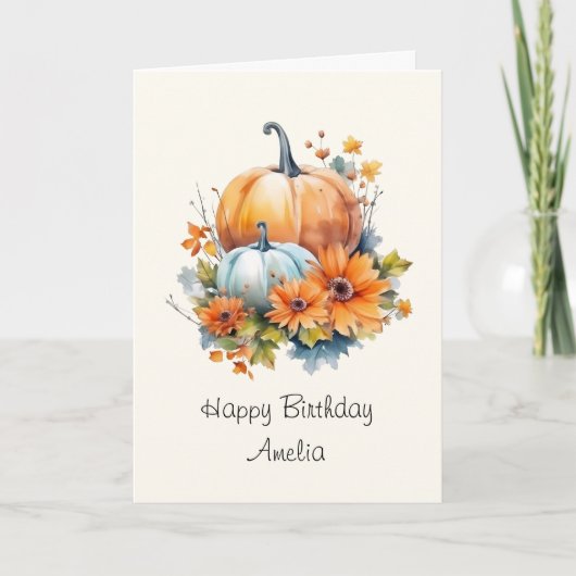 花と葉が咲く秋のカボチャ誕生日 カード (正面)