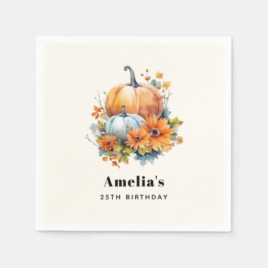 花と葉が咲く秋のカボチャ誕生日 スタンダードカクテルナプキン (正面)
