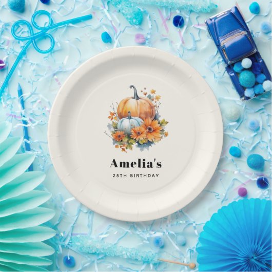 花と葉が咲く秋のカボチャ誕生日 ペーパープレート (パーティー)