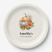 花と葉が咲く秋のカボチャ誕生日 ペーパープレート (正面)