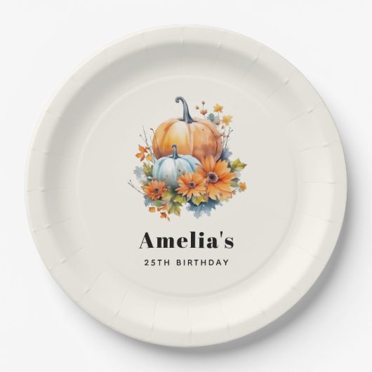 花と葉が咲く秋のカボチャ誕生日 ペーパープレート (正面)