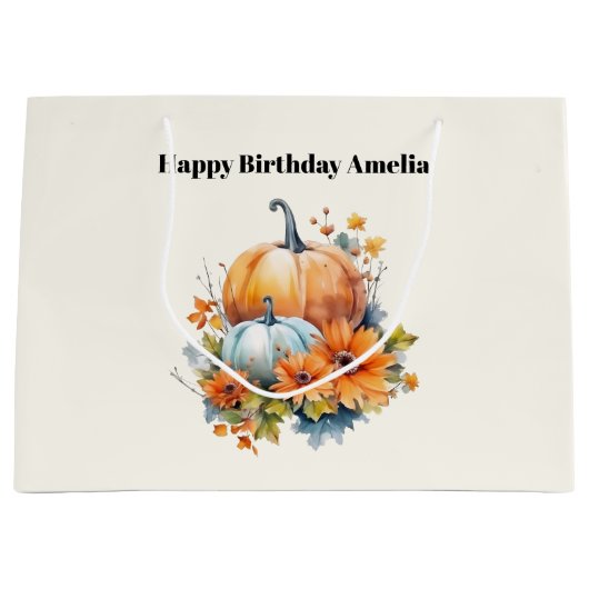 花と葉が咲く秋のカボチャ誕生日 ラージペーパーバッグ (正面)