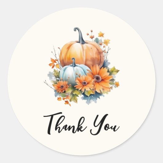 花と葉が咲く秋のカボチャ ラウンドシール (正面)