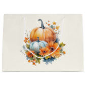 花と葉が咲く秋のカボチャ ラージペーパーバッグ (正面)