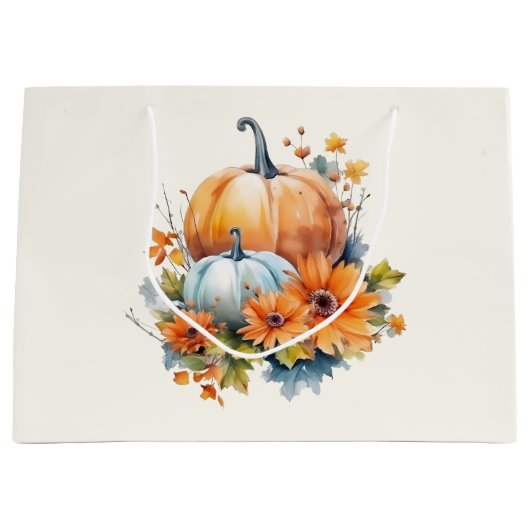 花と葉が咲く秋のカボチャ ラージペーパーバッグ (正面)