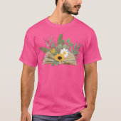 花と葉が飾られた開いた本 Tシャツ (正面)