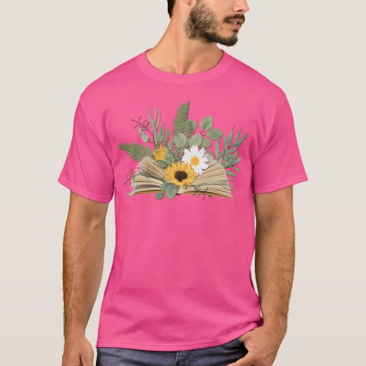 花と葉が飾られた開いた本 Tシャツ (正面)