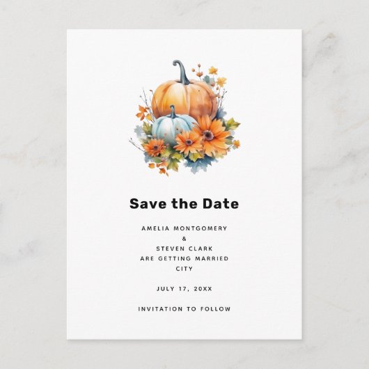 花と葉のある秋のカボチャ結婚ン 案内ポストカード (正面)