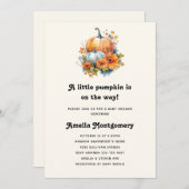 花と葉の付いたカボチャ赤ちゃんシャワー 招待状 (正面/裏面)