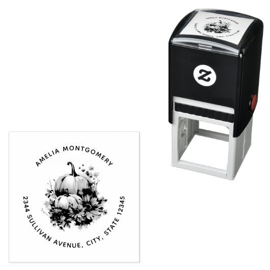 花と葉の住所を持つ秋のかぼちゃ セルフインキングスタンプ (インサイチュ)