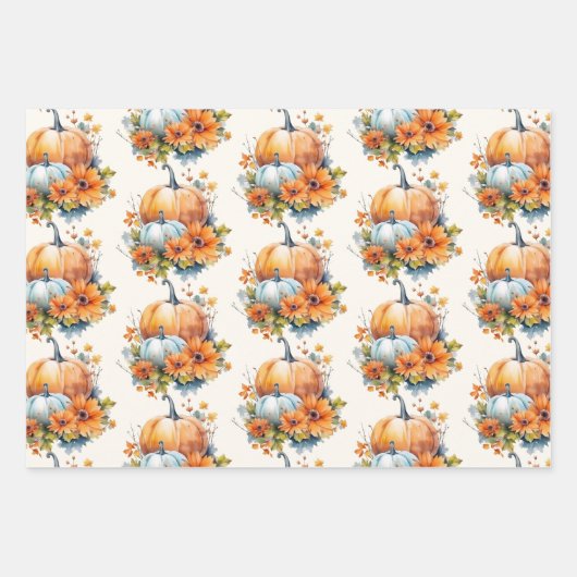 花と葉の模様がついた秋のカボチャ ラッピングペーパーシート (正面3)