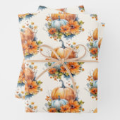 花と葉の模様がついた秋のカボチャ ラッピングペーパーシート (インサイチュ)