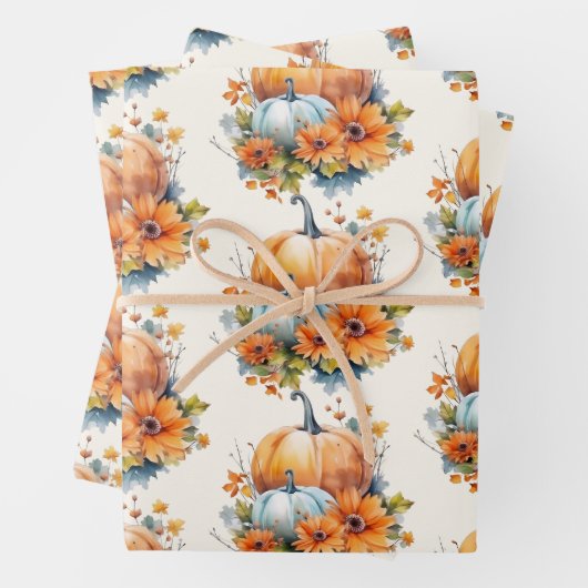 花と葉の模様がついた秋のカボチャ ラッピングペーパーシート (インサイチュ)