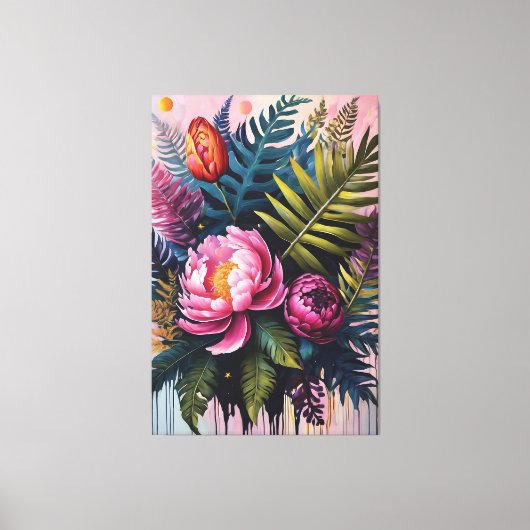 花と葉の油絵  キャンバスプリント (正面)
