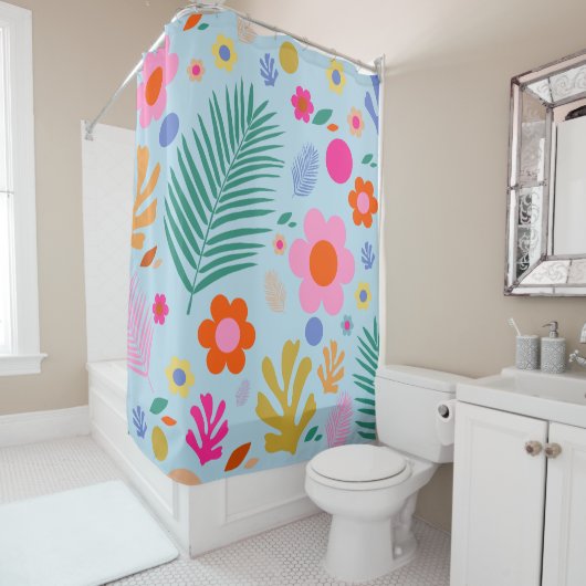 花と葉03青とピンク シャワーカーテン (インサイチュ)