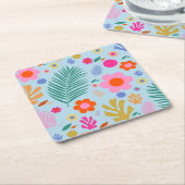 花と葉03青とピンク スクエアペーパーコースター (アングル)