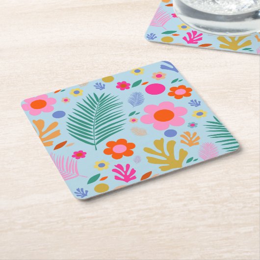 花と葉03青とピンク スクエアペーパーコースター (アングル)