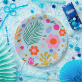 花と葉03青とピンク ペーパープレート (パーティー)
