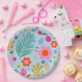 花と葉03青とピンク ペーパープレート (パーティー)