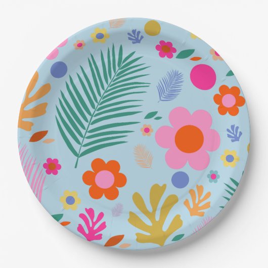 花と葉03青とピンク ペーパープレート (正面)
