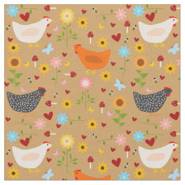 花と虫が咲く庭の鶏 ファブリック