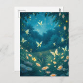 花と蛍を持つ夜間の庭 ポストカード (正面/裏面)