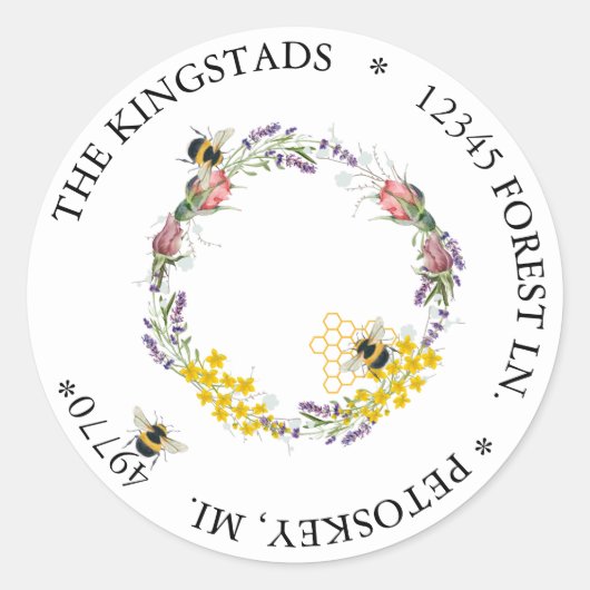 花と蜂のリース ラウンドシール (正面)