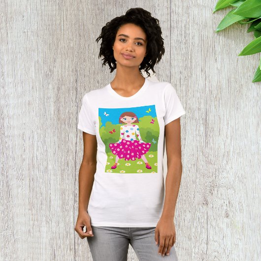 花と蝶々といっしょに幸せな小さな女の子 Tシャツ