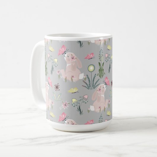 花と蝶が咲き乱れているかわいいウサギ コーヒーマグカップ (正面左)