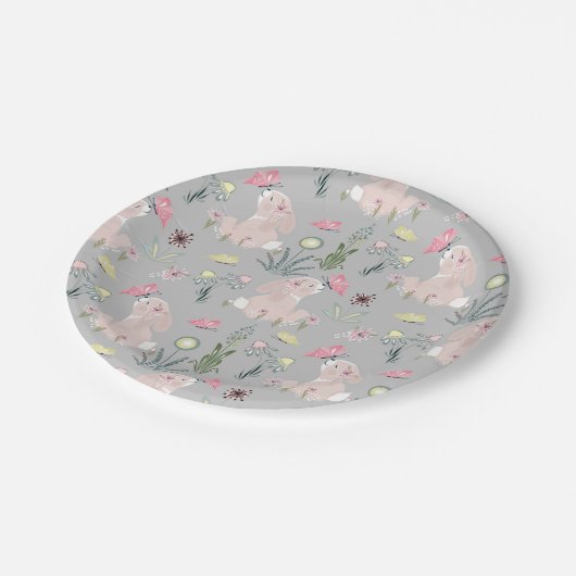 花と蝶が咲き乱れているかわいいウサギ ペーパープレート (アングル)