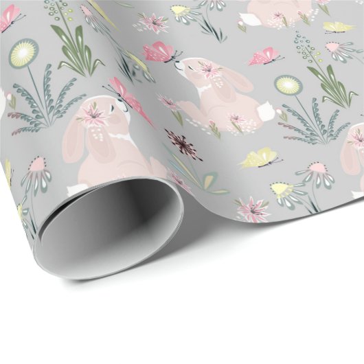 花と蝶が咲き乱れているかわいいウサギ ラッピングペーパー (ロールコーナー)