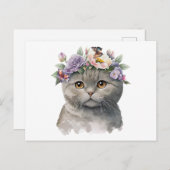 花と蝶が咲き乱れるかわいい灰色の猫 ポストカード (正面/裏面)