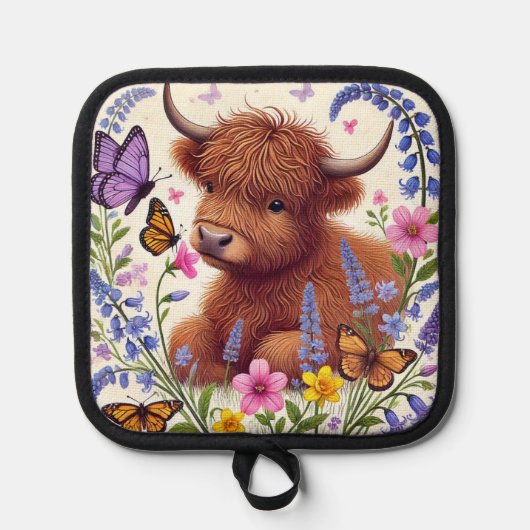 花と蝶が咲くハイランド牛 鍋敷き (正面)
