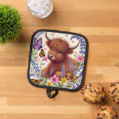 花と蝶が咲くハイランド牛 鍋敷き (トップダウン)