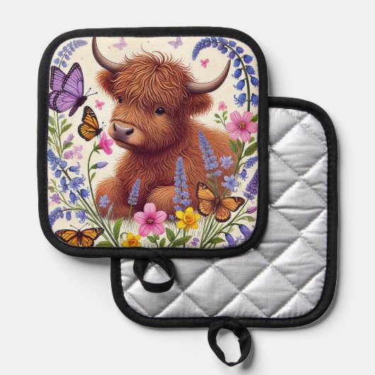 花と蝶が咲くハイランド牛 鍋敷き (正面/裏面)