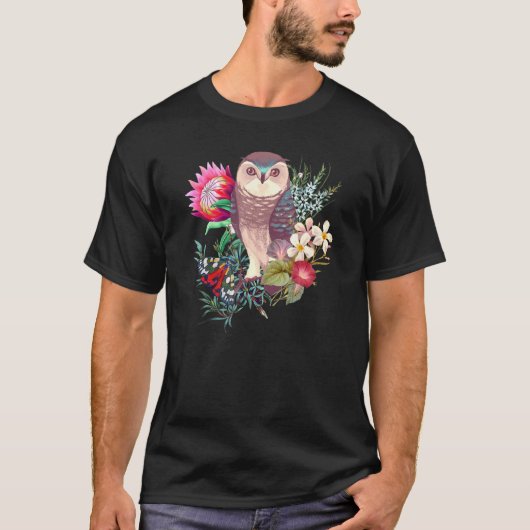 花と蝶が咲く森フクロウ Tシャツ (正面)