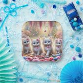 花と蝶が咲く4匹の白い子猫 ペーパープレート (パーティー)